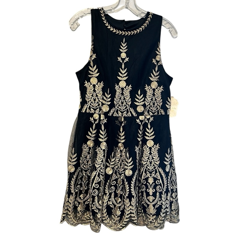 NWT Altar'd State Black Gold Embroidered Mini Dress L Fit & Flare Party - Picture 2 of 10